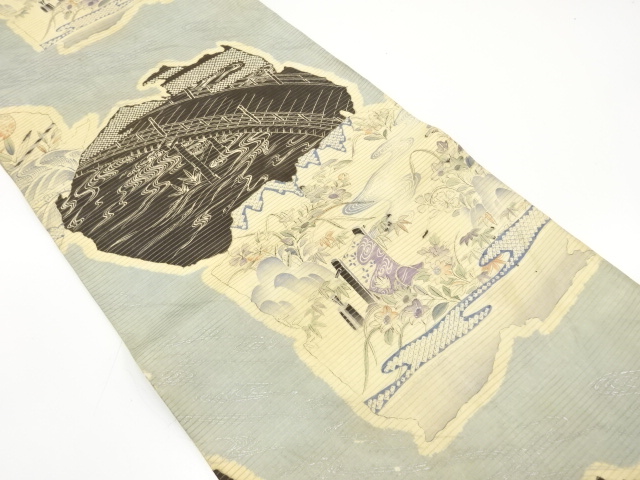 JAPANESE KIMONO / ANTIQUE SUMMER MARU OBI / SILK / WOVEN FLOWERS